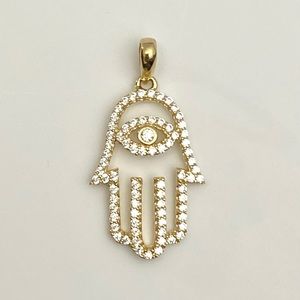Solid 14K Gold Diamond Evil Eye Hamsa Hand Pendant Charm